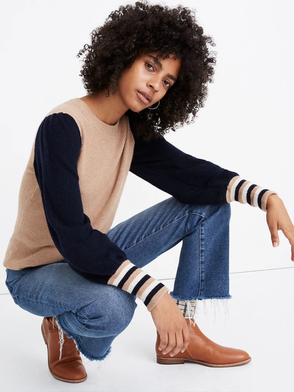 Tan and Navy Long Sleeve Sweater
